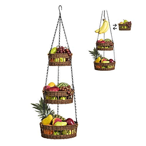 Hanging Fruit Basket 3 Tier Free Up Countertop Wicker Vegetable Storage And Fruit Organizer Saves Space Macrame Hanging Baskets For Kitchen With Banana Holder Carries 20lb B Walmart Com Walmart Com