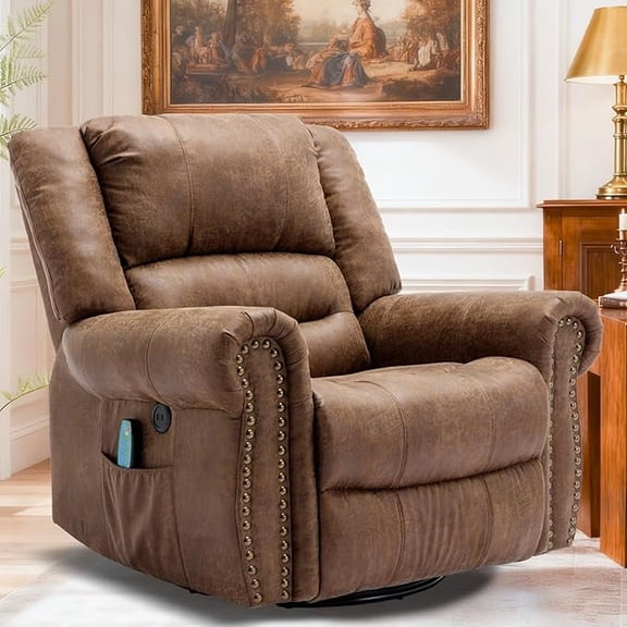 EPICOZY Manual Swivel Rocker Recliner with Heat and Vibration, 360° Swivel Glider Rocking Recliner, Ergonomic Lounge Massage Recliner Chairs with Side Pockets & USB Ports, Nut Brown