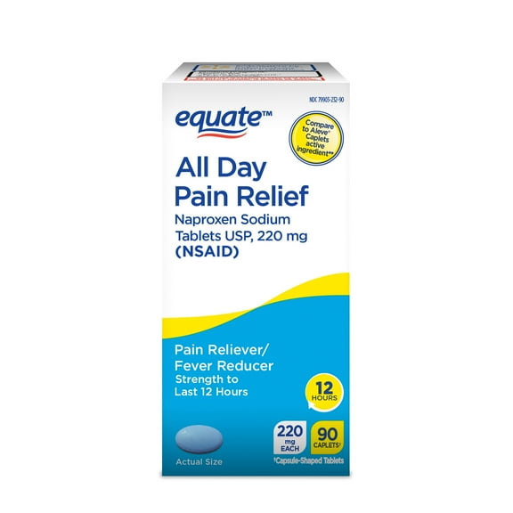 Equate All Day Pain Relief Naproxen Sodium Caplets, 220 mg, 90 Count, Compare to Aleve® Caplets Active Ingredient