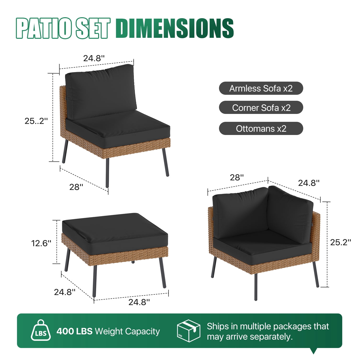 BaPiPro 6-Piece Black Wicker Patio Sectional Conversation Set, Water Resistant Thick Cushions & Coffee Table for Backyard Poolside