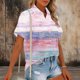 thumbnail image 3 of Tops de Manga Corta de Verano para las Mujeres de la Moda No Posicionamiento de la Impresión de Lino Cuadrado Acampanado Hemp Botón-Up Camisa, 3 of 6