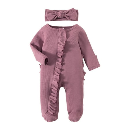 

Baby Girl Solid Color Ruffled Crew Neck Long Sleeve Jumpsuit with Headband 0-12 Months