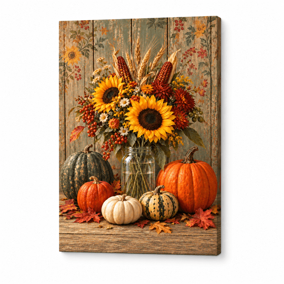 Autumn Wall Art Canvas Print, Vintage Mason Jar Floral Picture, Rustic Thanksgiving Fall Artwork Poster for Country Kitchen Living Room Decor, 12x16 Inch