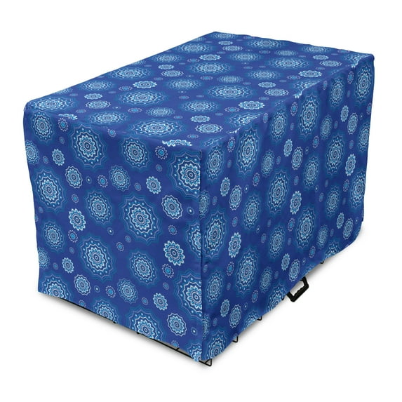 Blue Mandala Dog Crate Cover, Repetitive Pointy Petals Dots Arrangement Floral Dark Blue Pattern, Easy to Use Pet Kennel Cover Small Dogs Puppies Kittens, 7 Sizes, Sky Blue Violet Blue, by Ambesonne