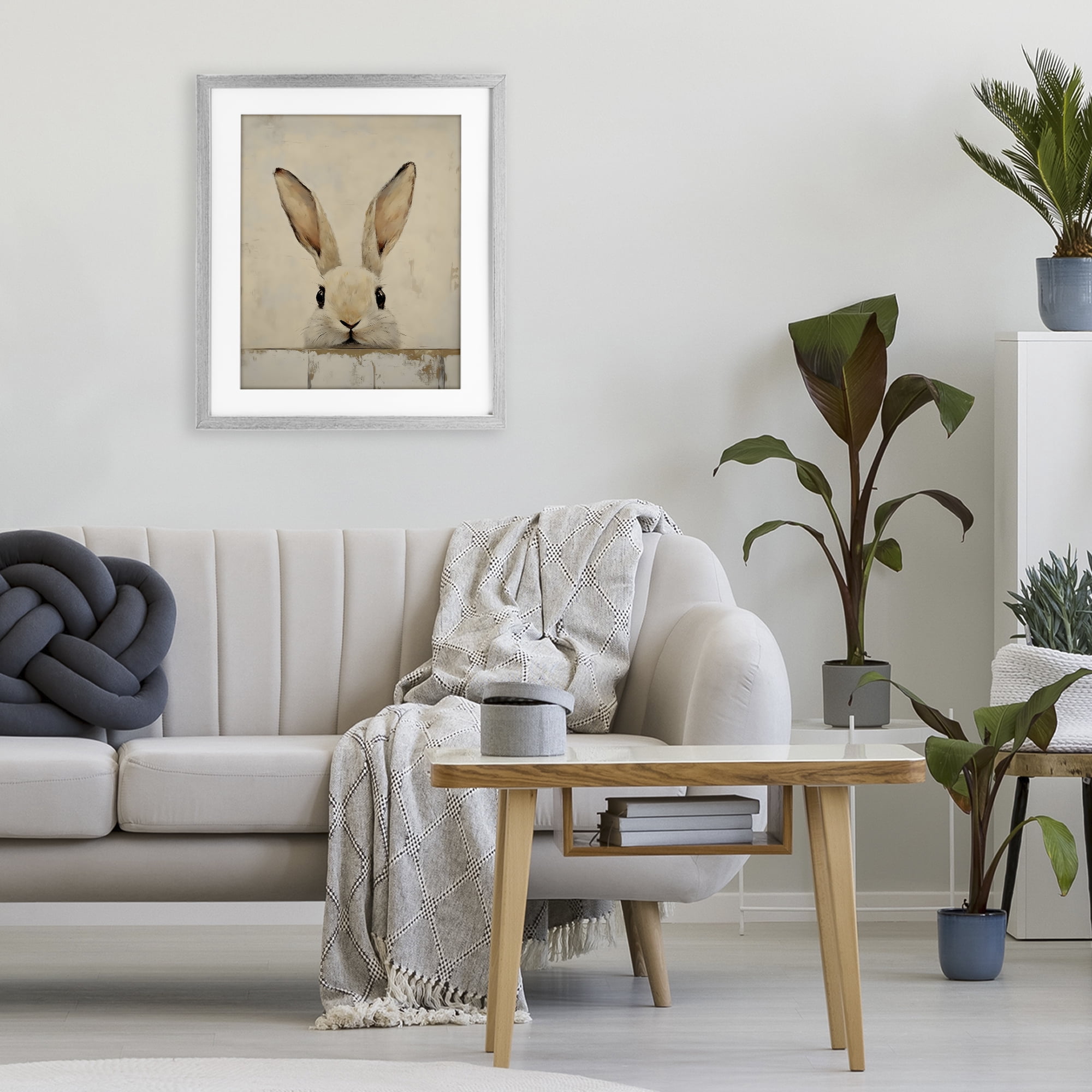 Stupell Industries Peeking Bunny in Soft Neutrals Gray Framed Print Under Glass, design by LSR Design Studio