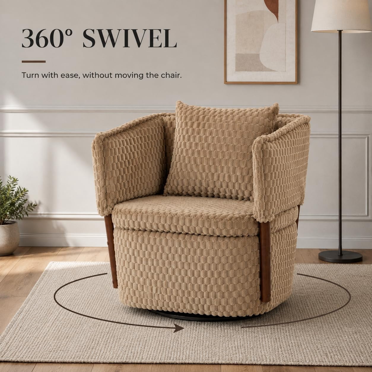 MOONIMSS 360°Swivel Accent Chair, Corduroy Vanity Chair with Storage,Coffee