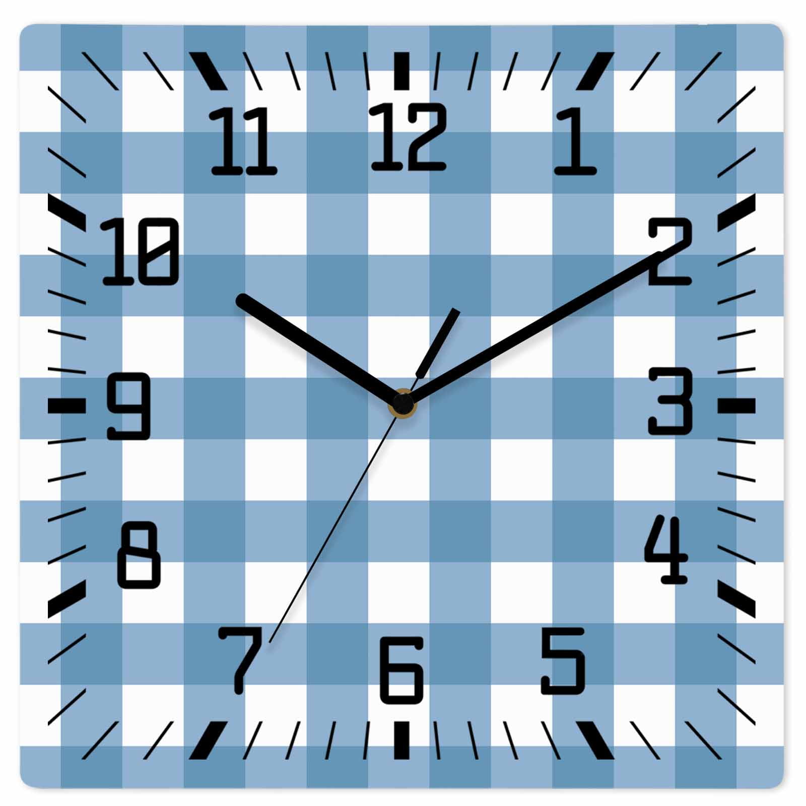 Blue White Plaid Wooden Wall Clock Silent Non Ticking, Gradient Geometric Buffalo Checkered Square Wall Clocks Battery Operated, Decor Clock for Home Office, Living Room, Kitchen, 12 Inch