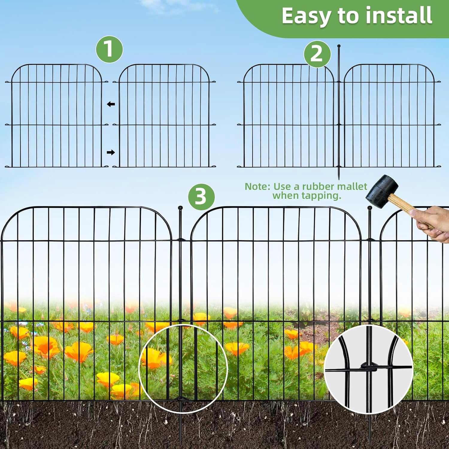 5 Panels Decorative Garden Fence, 24 in(H) x 20 ft(L) Rustproof Metal Wire Fencing with Ground Stakes for Yard, Pet and Animal Barrier