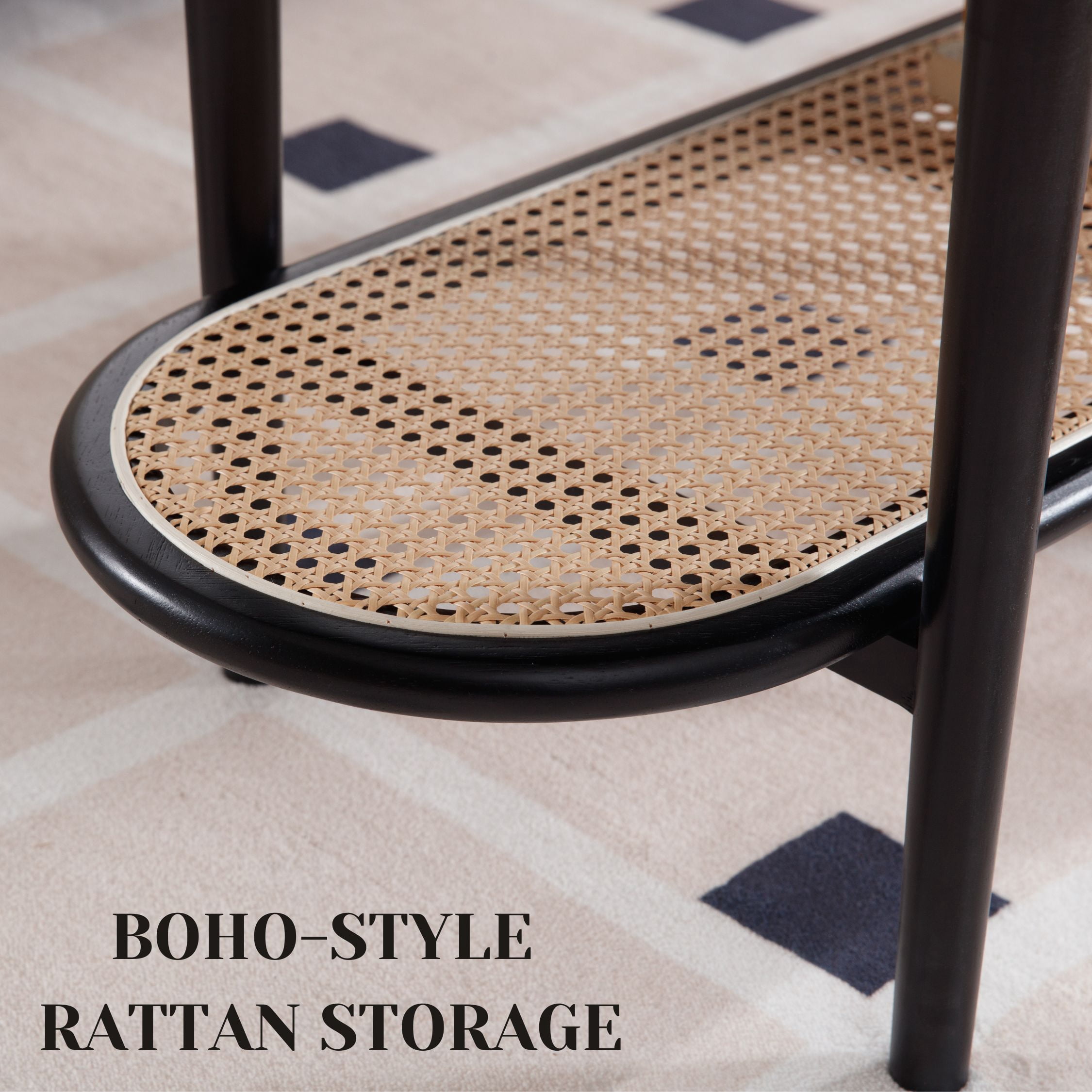 Dayalane Black Rattan Coffee Table,Mid-Century Modern 2-Tier Center Table with Storage Shelf Wooden Top for Living Room, Bedroom or Small Spaces