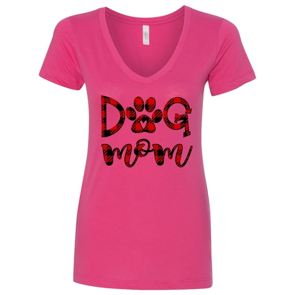 Inktastic Dog Mom with Paw Print in Plaid Women's V-Neck T-Shirt