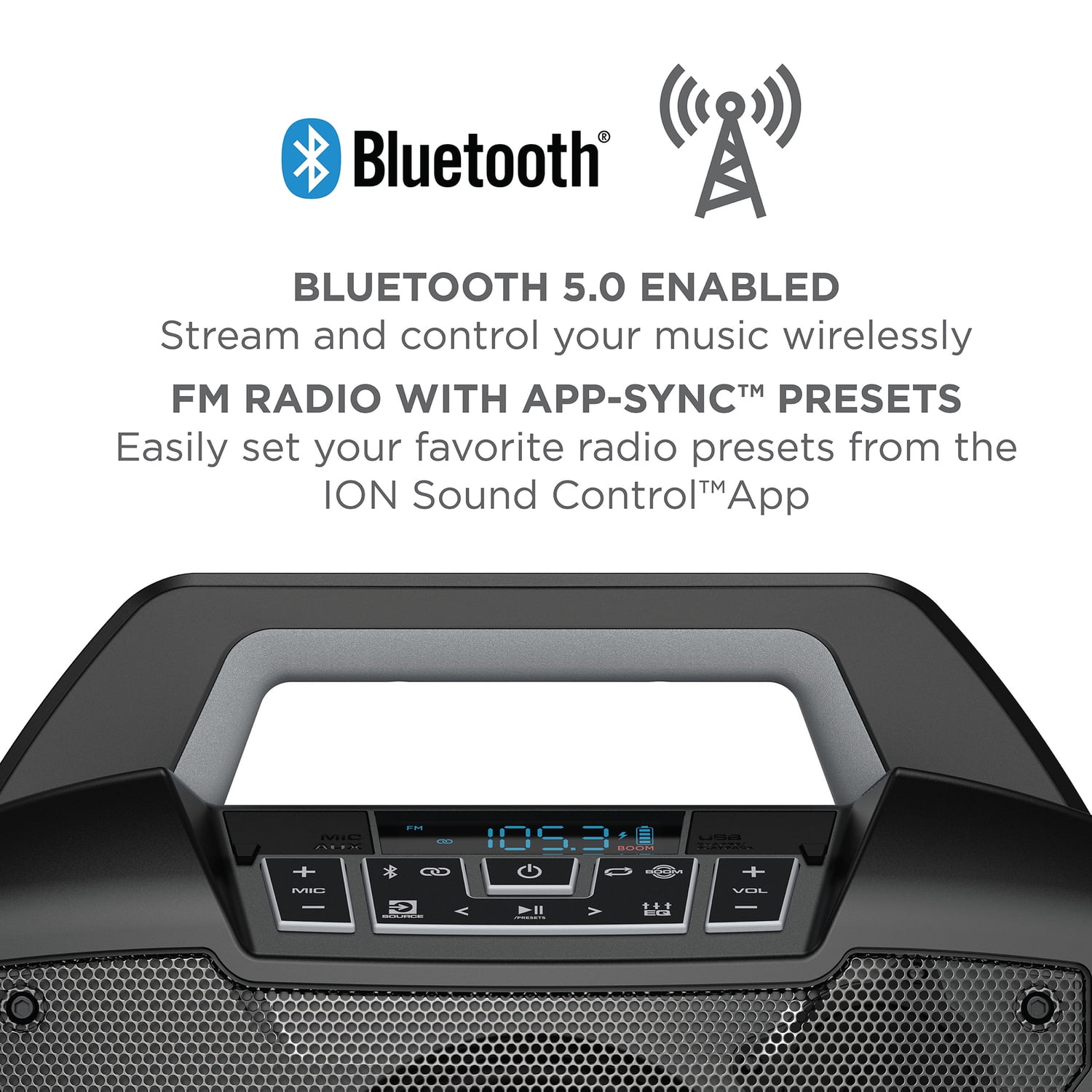 ION Sport Boom All-Weather Rechargeable Portable Speaker with FM Radio, Microphone, and Stereo-Link, Black, SPORTBOOMXUS