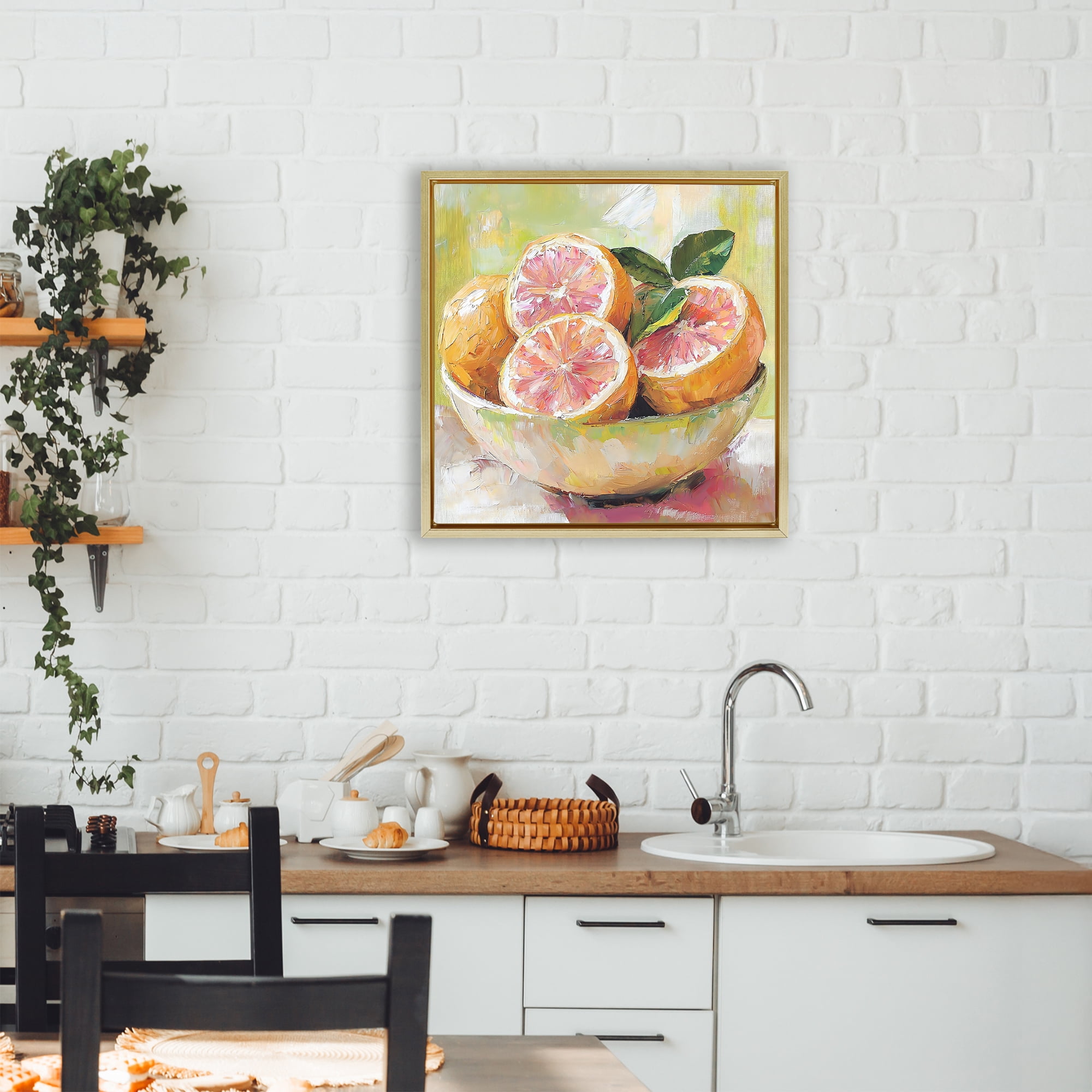 Stupell Industries Bold Grapefruit in Ceramic Bowl Gold Framed Floater Canvas Wall Art, design by Riley B