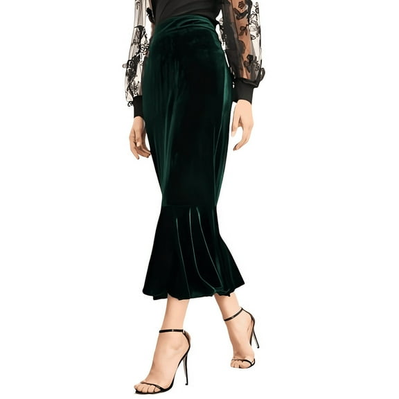 Womens Green Velvet Midi Skirt with Ruffle Hem – Elegant & Stylish