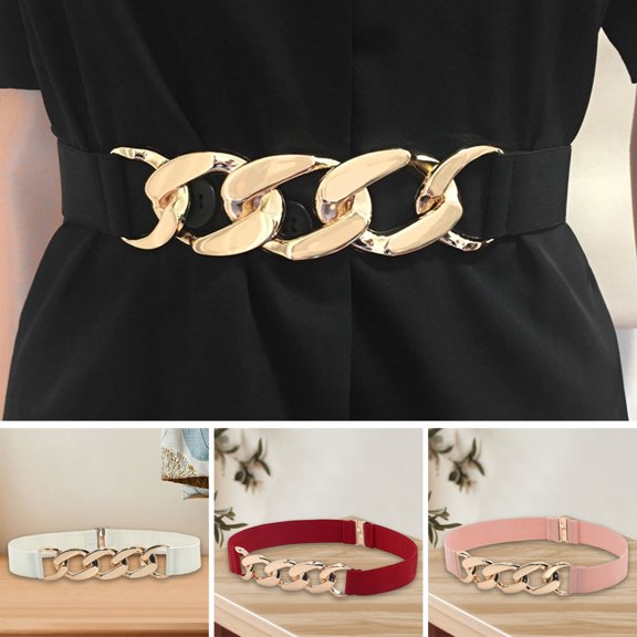 Anvazise Waist Belt Golden Polished Metal Chain Buckle Elastic Elegant Wide Women Dress Shirt Coat Belt Clothing Accessories Black One Size