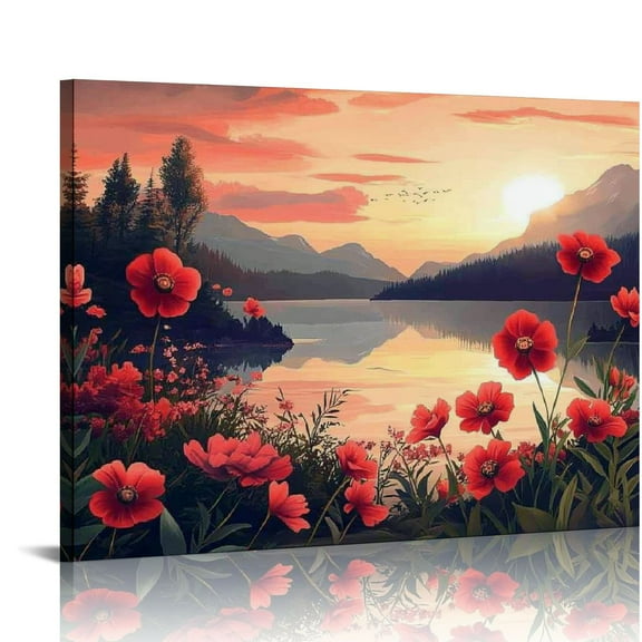 Patifu Canvas Wall Art Poppy Field Mountain Landscape Home Decor Red Poppy Flowers Art Prints for Living Room Bedroom Office Ready to Hang 20x16in