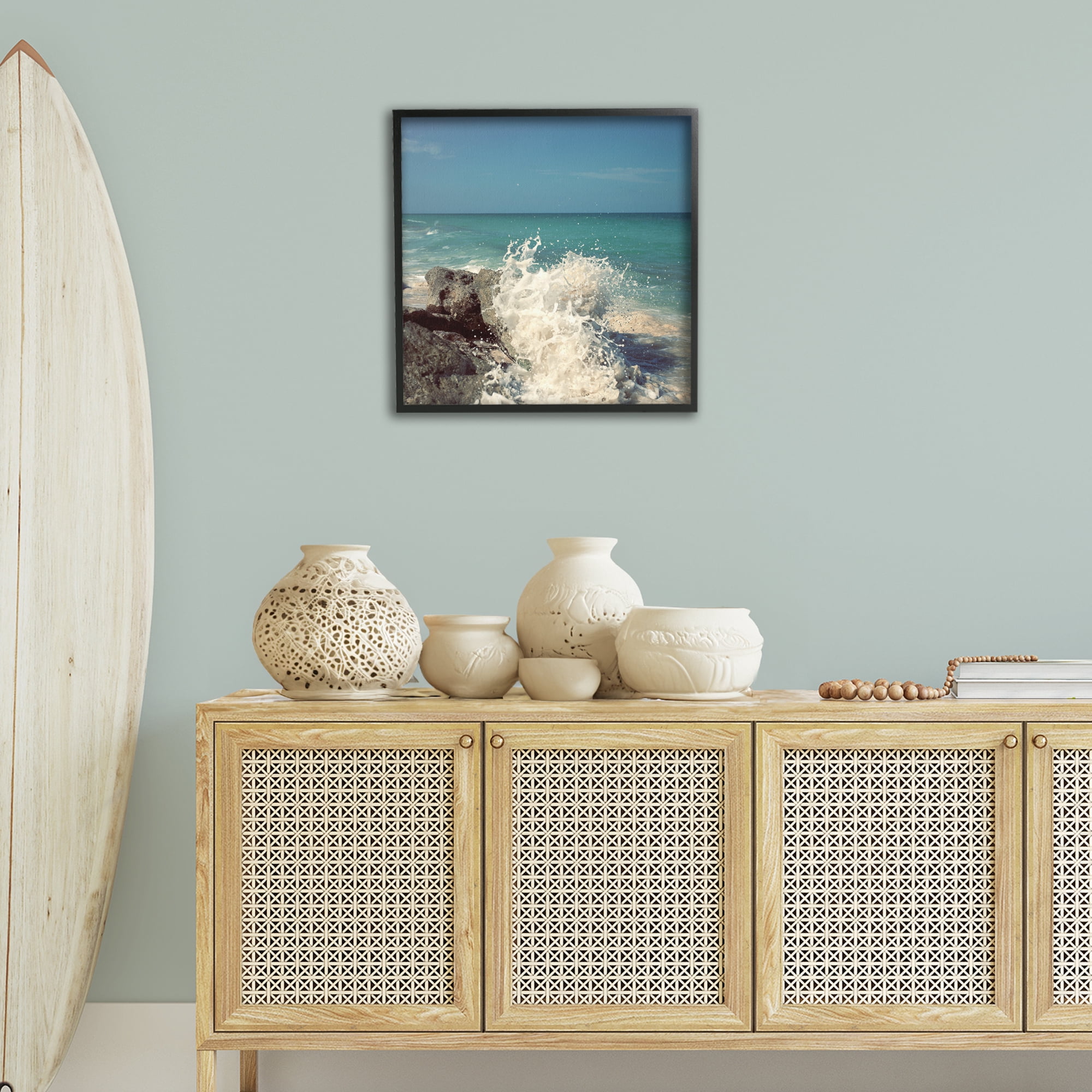 Stupell Industries Splashing Beach Spray Coastal Photography Black Framed Art Print Wall Art, 24 x 24