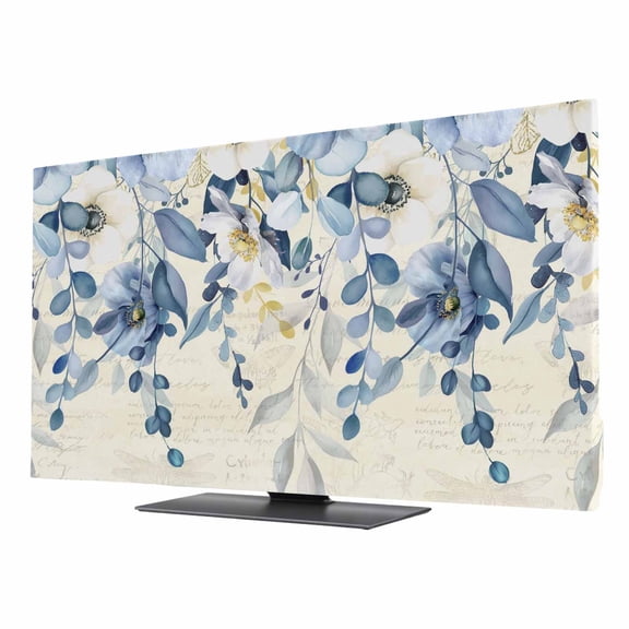 Indoor TV Cover 32 Inch, Blue Wild Flowers Elastic Monitor Dust Covers for Television, Desktop Computer Vintage Eucalyptus Leaves Floral Beige Dustproof Fitted TV Cover for Inside 27.9"L x 15.7"H