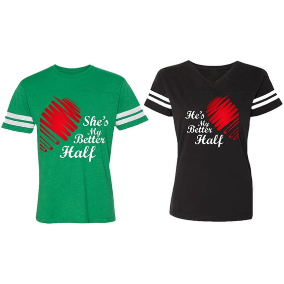 He she is My Better Half Matching Couple Cotton Jerseys (Men Green / Women Black) (Men S / Women S)