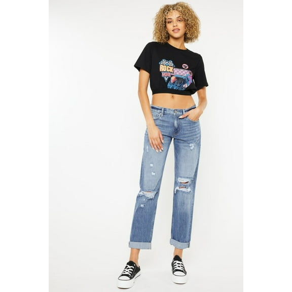 Kancan Mid Rise Distressed Straight Jeans