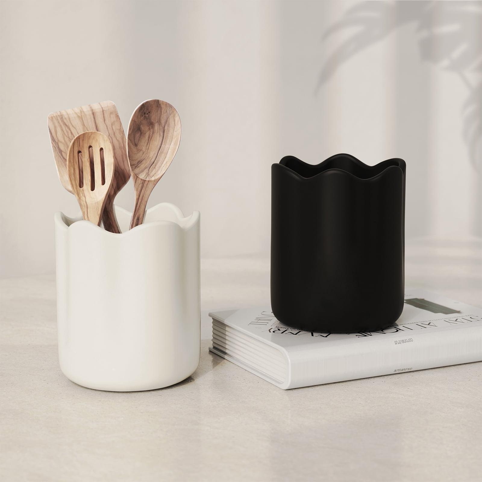 WormHome Ceramic Utensil Holder for Kitchen Counter, Large Kitchen Utensil Holder for Countertop with Cork Bottom, Cooking Tool Organizer for Spatula, White