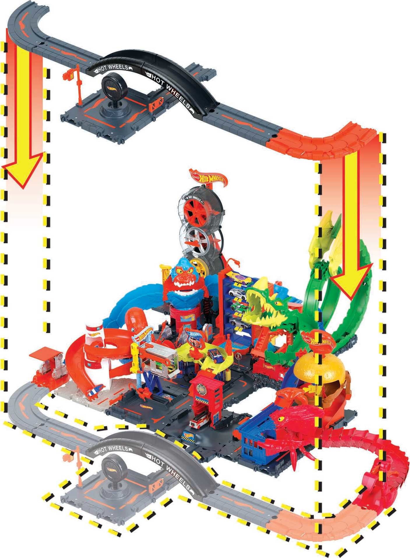 10 Piece Set Includes Track Base & Various Track Pieces to Build a Cityscape Connects to Other Sets Hot Wheels City Track Pack with 1 Car Gift for Kids 4 Years & Up 