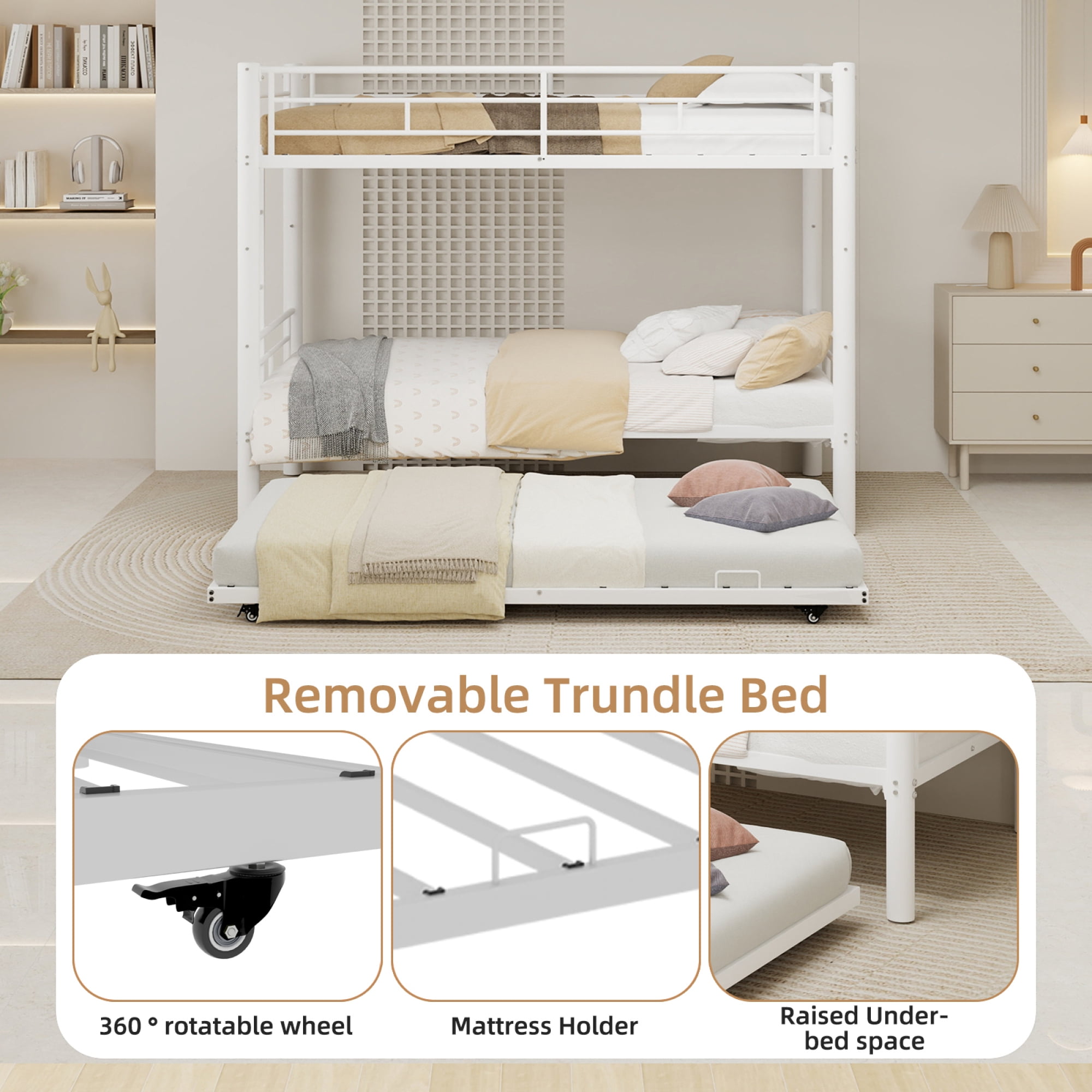 Twin over Twin Size Bunk Bed with Trundle, Heavy Duty Metal Bunk Bedframe with Ladder and Guardrails, Detachable Bunk Beds for Boys Girls