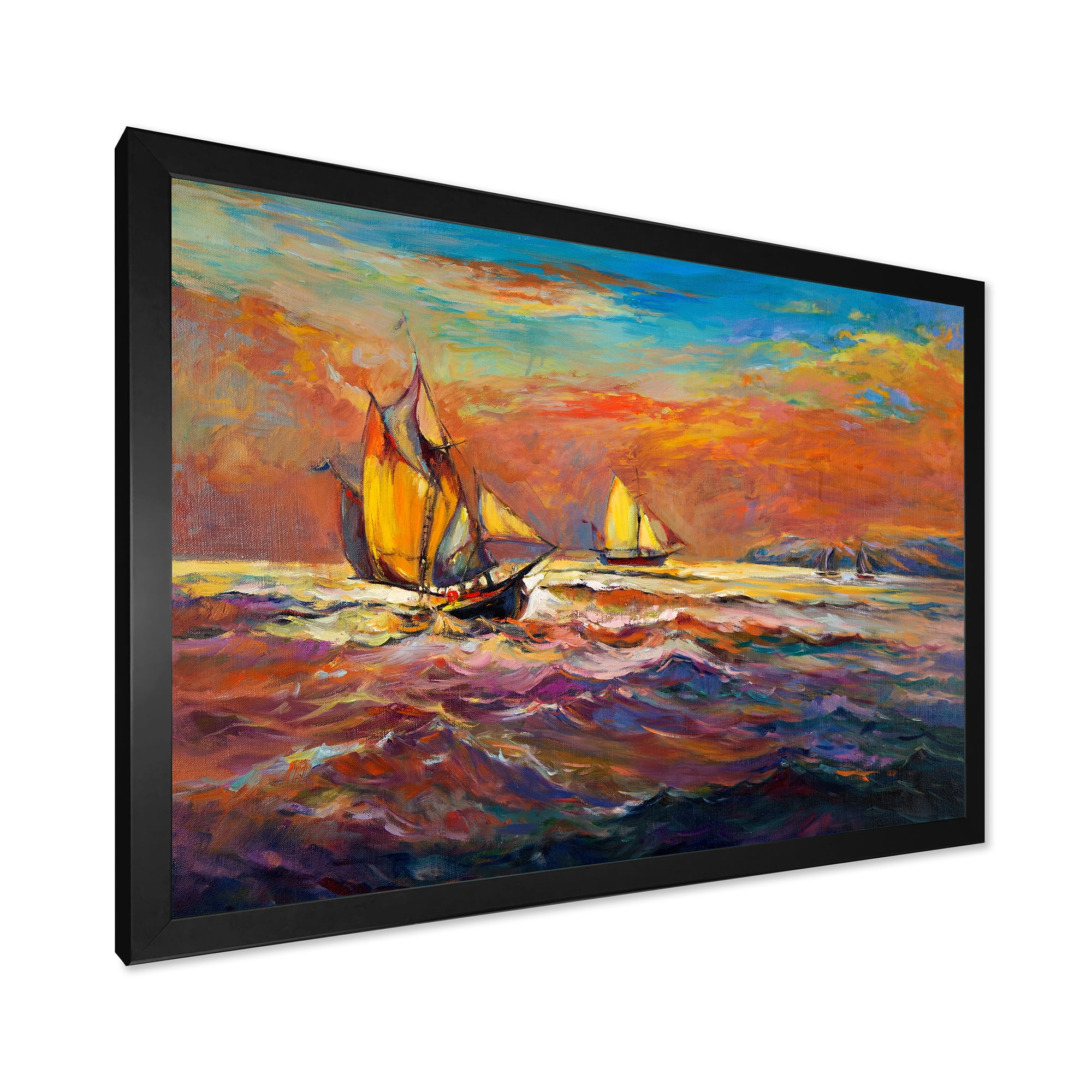Sail ships On The Ocean Waves During Orange Evening Glow 20 in x 12 in Framed Painting Canvas Art Print, by Designart