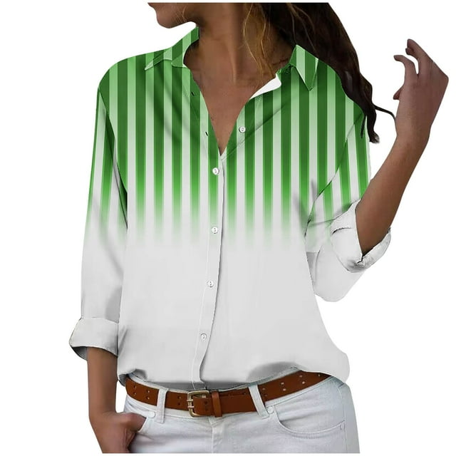 cfhntfmh Women's Button down Shirts Lounge Striped Print Long Sleeve Collared Blouses Fall Loose Work Tops