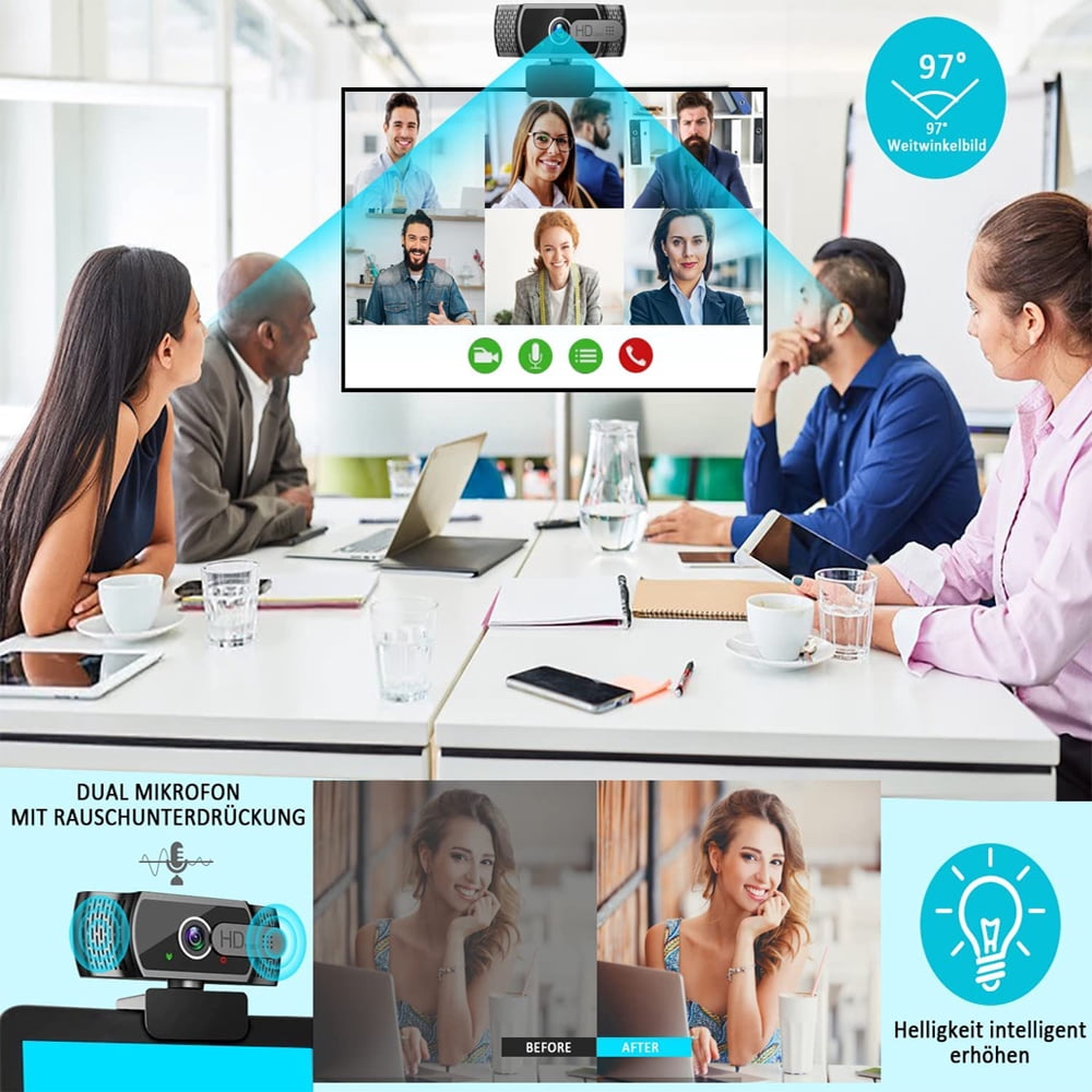 HD1080P Webcam with Microphone, Automatic Light Correction, USB PC Webcam with Cover, 110° Wide Angle, PC Camera for PC, Laptop, Computer, Linux, Mac