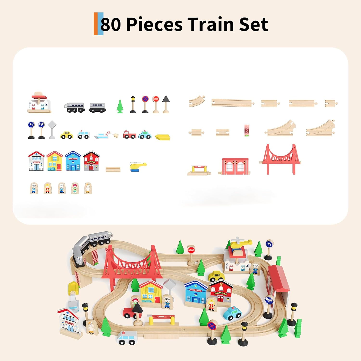 Garvee Wooden ﻿Train Table 33" x 24" x 16", with 80 Multicolor Piece, for Toddlers 3+