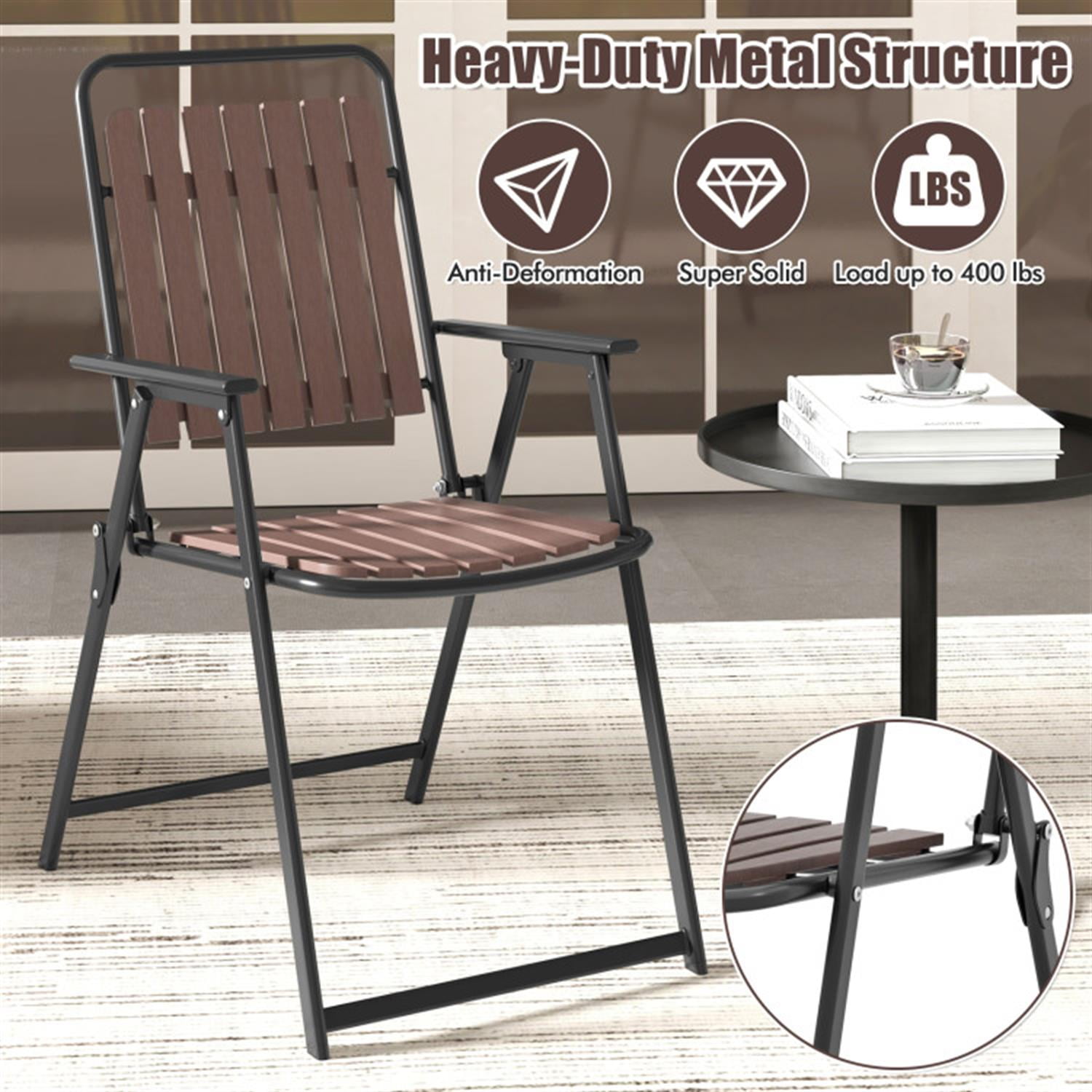 Demi Bonn 4 pcs Patio Folding Chairs with PP Seat and Back and 400 LBS Heavy-Duty Metal Frame, Outdoor Accent Furniture Lounge Chairs for Yard, Garden, Brown