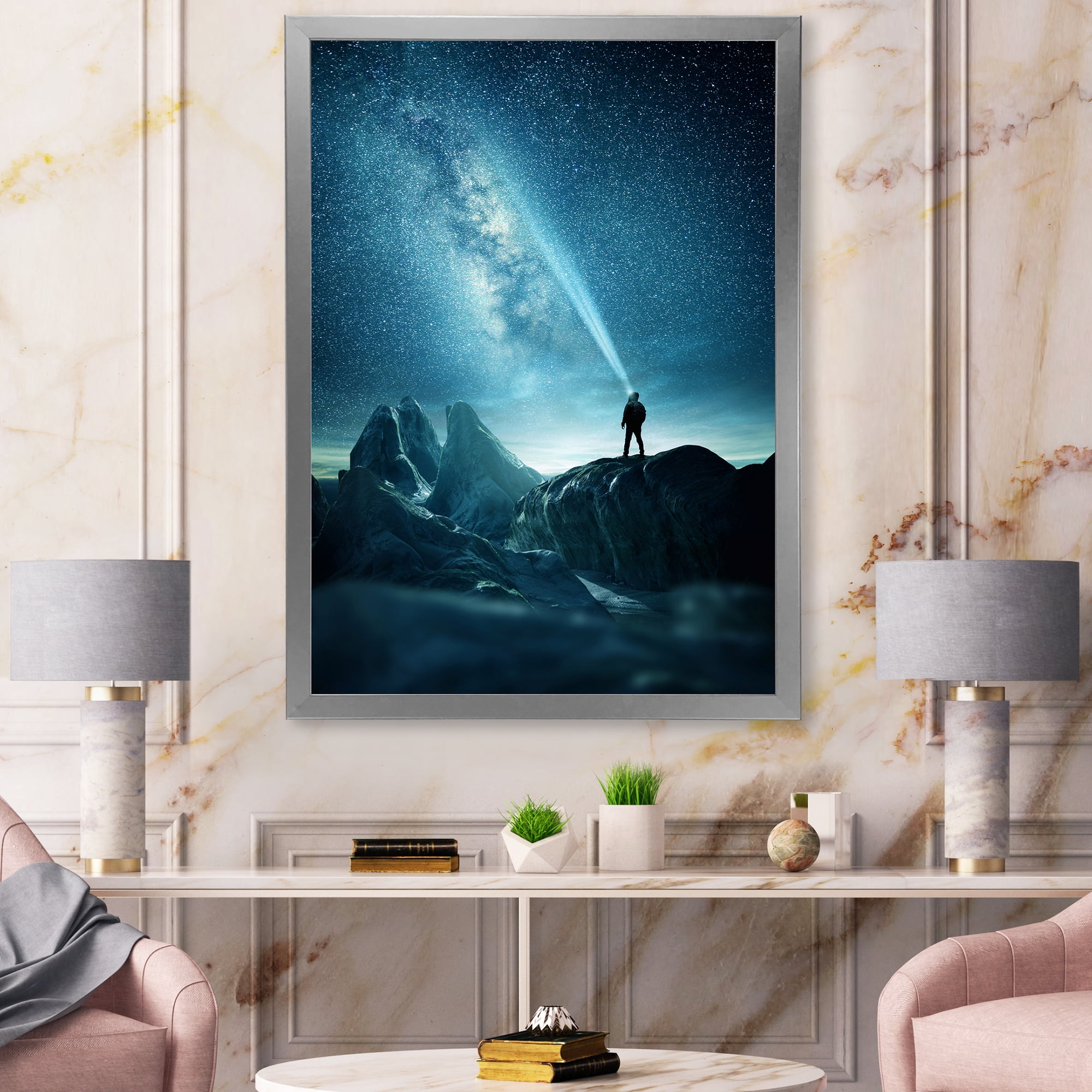 Designart 'A Light Shining by A Man Shining Into The Night Sky' Modern Framed Art Print