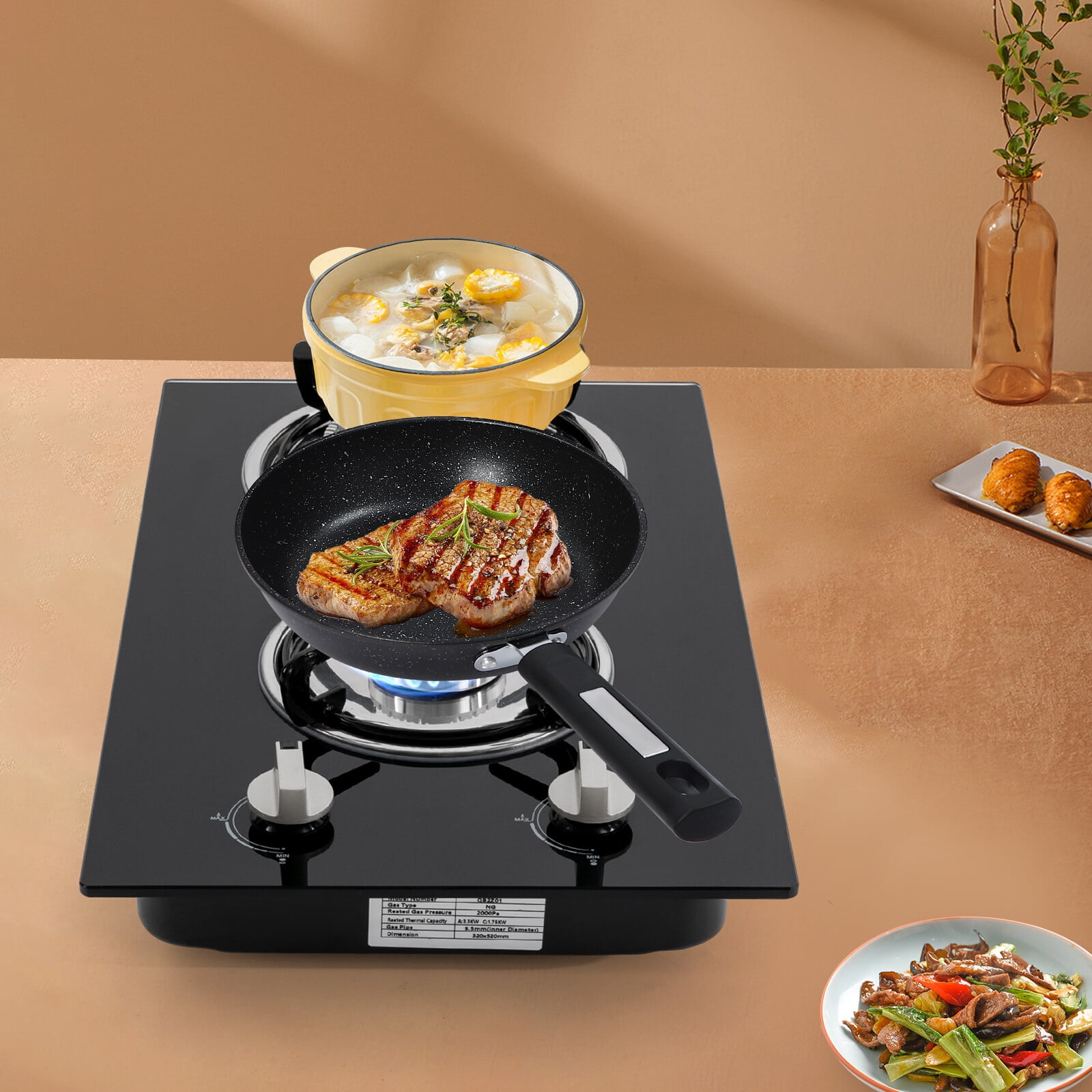 2-Burner Gas Stove with Adjustable Firepower, Piezo Ignition, Toughened Glass Panel, Energy-Efficient, Safe and Easy To Clean for Home Kitchens