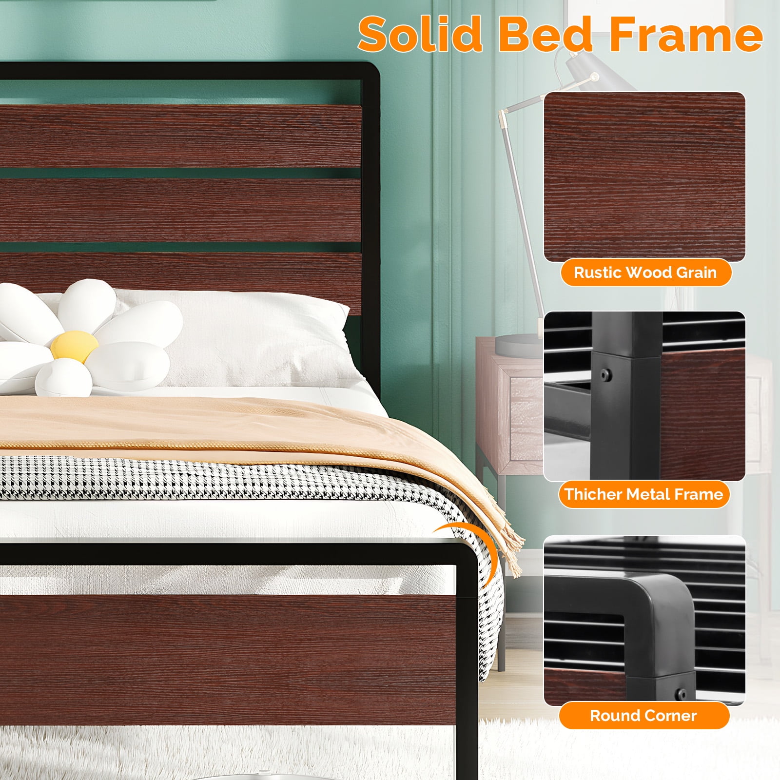 Ktaxon Twin Size Bed Frame with LED Headboard & Footboard, Metal Platform Bed with Charging Station, Rustic Red Brown