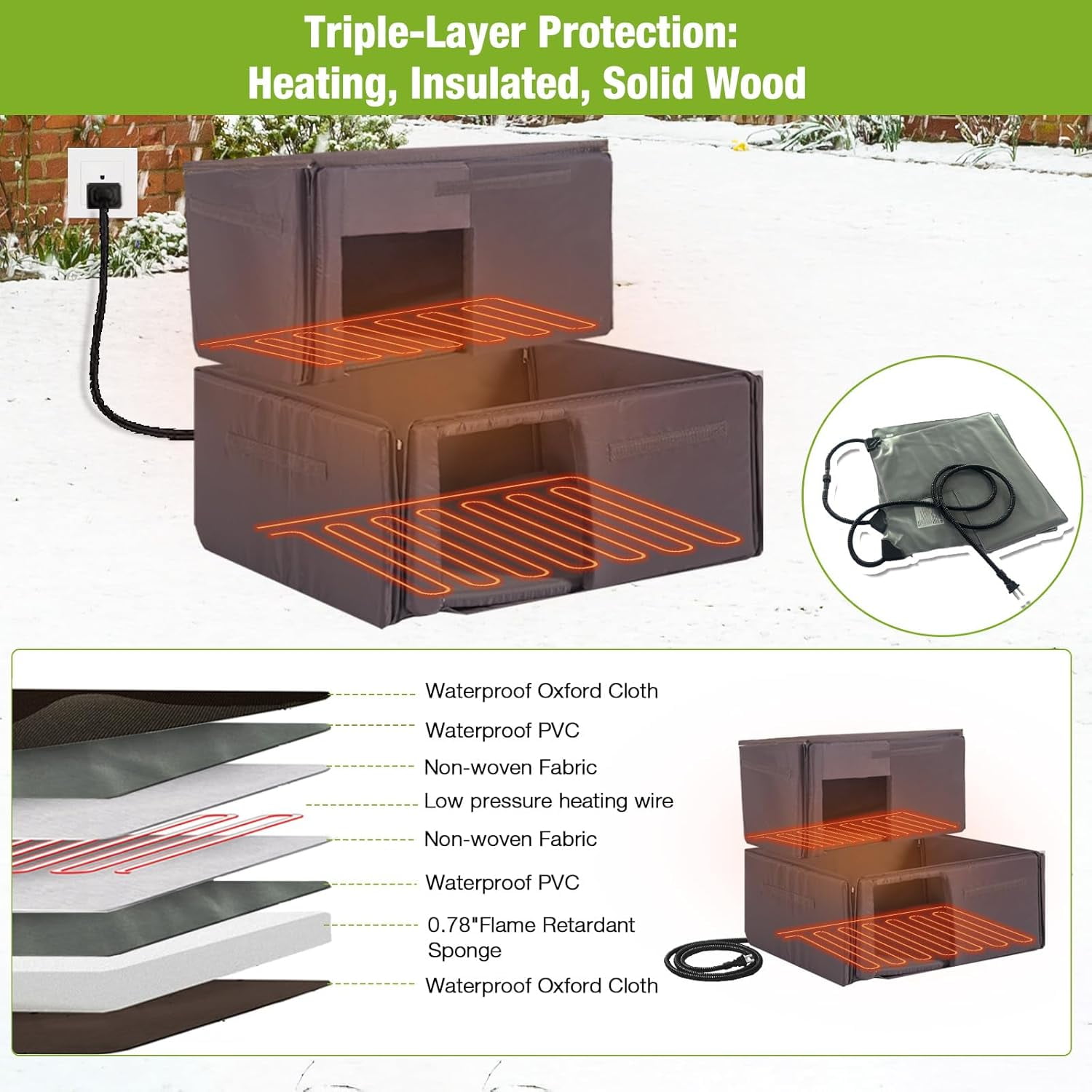 MEDEHOO Heated Cat House for Outside, 2-Story Wooden Cat House Weatherproof for Winter Outdoor Feral Cat Shelter with Heater and Insulated Liner