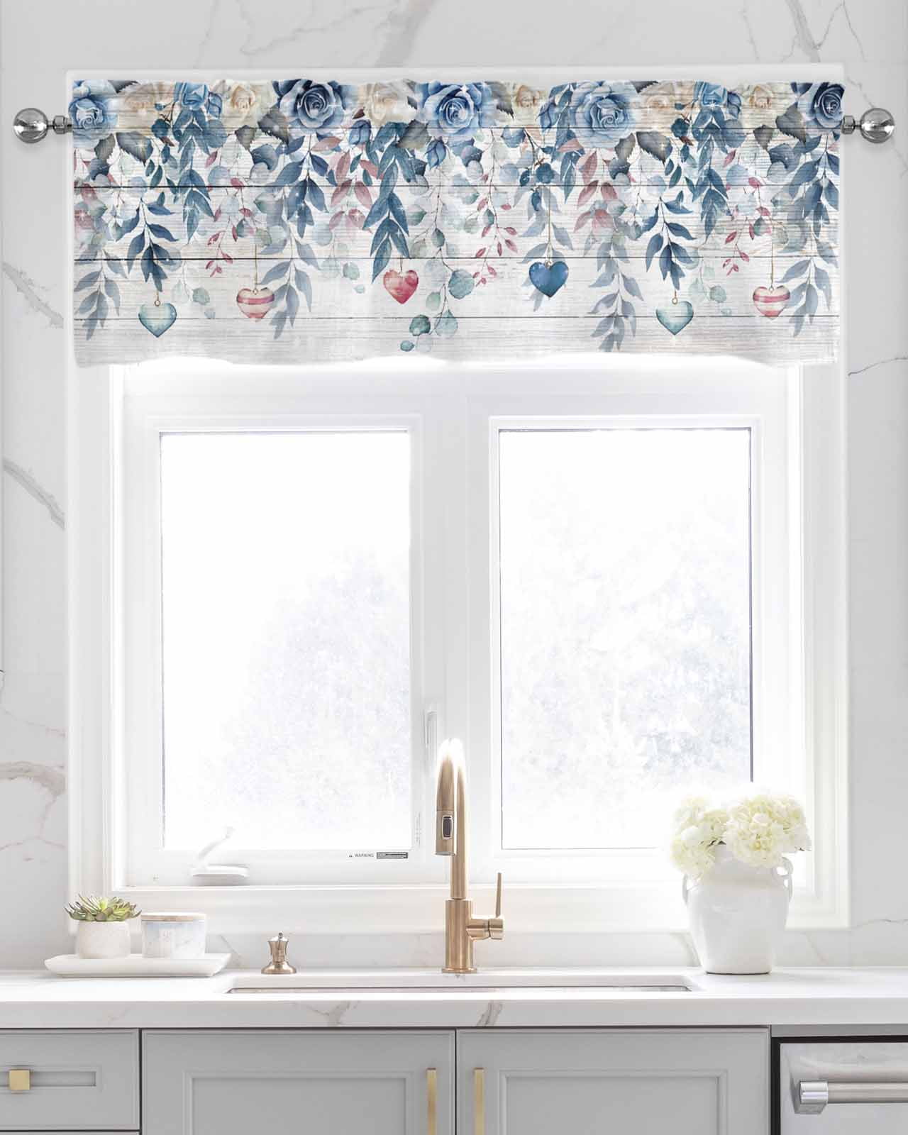 Valentine's Rose Blue Linen Curtain Valance for Bedroom/Bathroom/Kitchen/Office/Living/Dining Room Windows, Farmhouse Woodgrain Leaves Rod Pocket Topper Decorative Cafe Drapes Panel 42"x18"