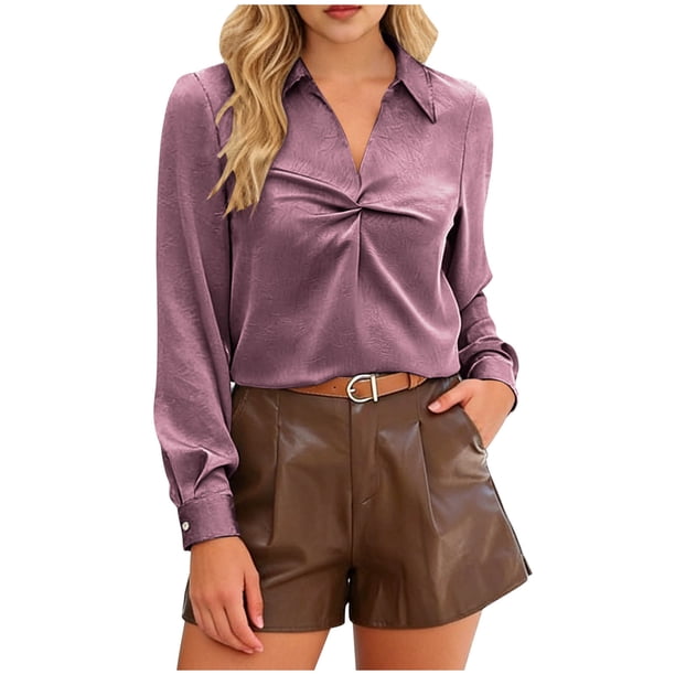 Camisetas para Mujeres con Cuello en V Manga Larga Delantera Blusa de Color Sólido, Corbata Delantera Top Casual
