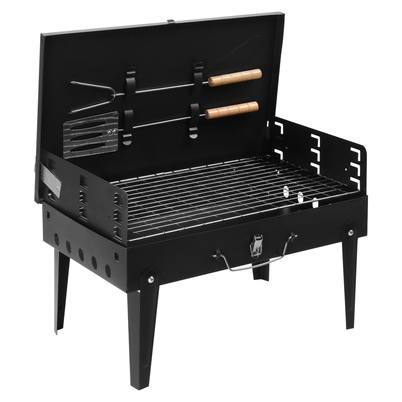 Square Portable Charcoal Grill, Small Folding BBQ Grill, Foldable Camping Grill with Barbecue Accessories & Lid, for Outdoor Cooking Camp Picnic Hiking Beach Party Patio