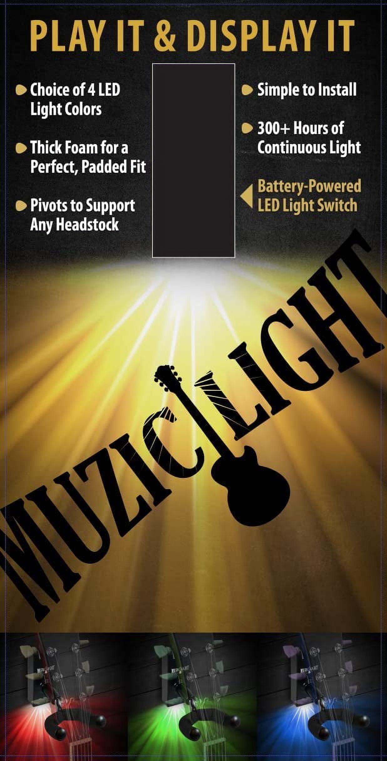 MuzicLight Light Up Wide Neck Guitar Wall Mount Bracket or Holder for Electric Guitars, 7 String Bass, or Concert Acoustic Guitars Using LED for Guitar Display with Ambient Surround Lighting
