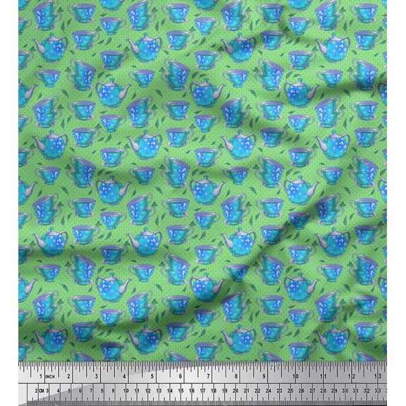 Soimoi Green Cotton Voile Fabric Dot,Cup & Kettle Kitchen Print Fabric by the Yard 42 Inch Wide