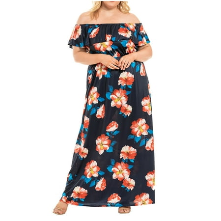 

LWZWM Women s Floral Dress Boho Dress Sexy Beach Dress Short Sleeve Crew Neck Long Bag Hip One Line Neck Bohemian Plus Size Boho Dress Gifts for Mom from Daughter Navy XL