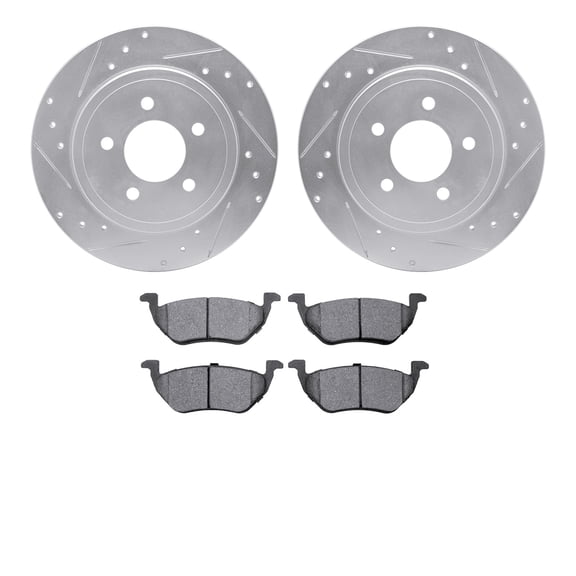 Dynamic Friction Company Rear Brake Rotors-Drilled and Slotted-Silver with 5000 Advanced Brake Pads 7502-54013