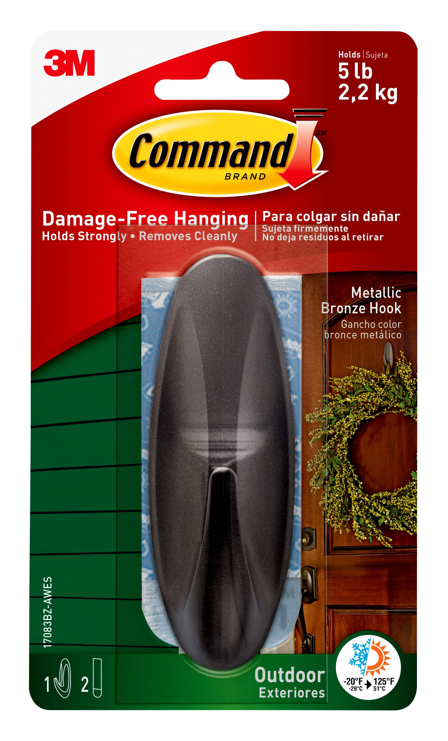 Command Outdoor Metallic Bronze Hook, Large, 1 Hook, 2 Strips/Pack