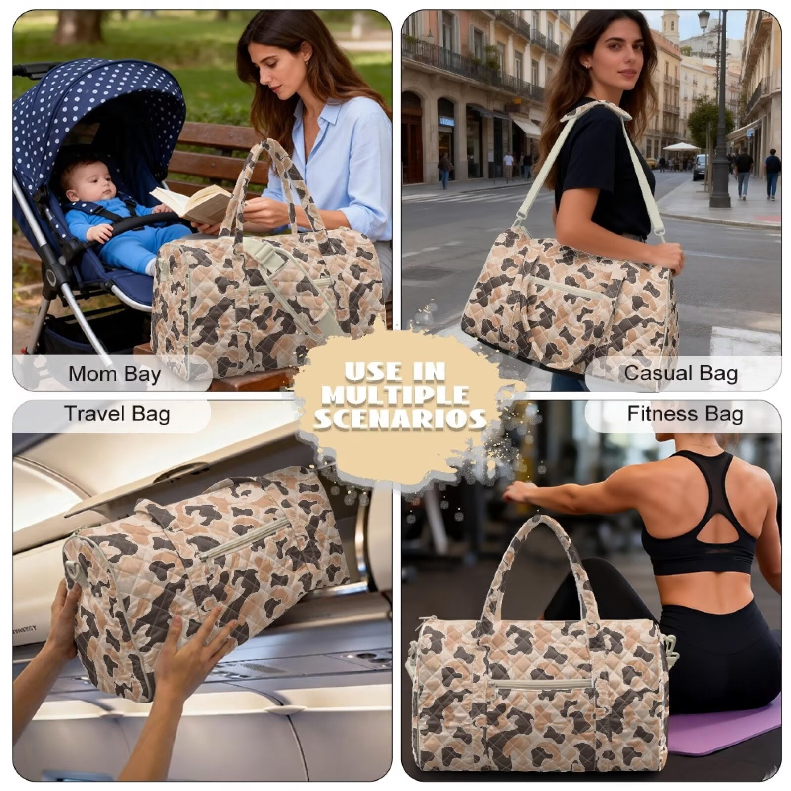 Garronmavis Large Camo Print Quilted Duffle Bag for Women, Weekender Travel Bag Carry On Overnight Bag, Fashion Gym Dance Tote with Zipper Pockets for Travel Work Workout