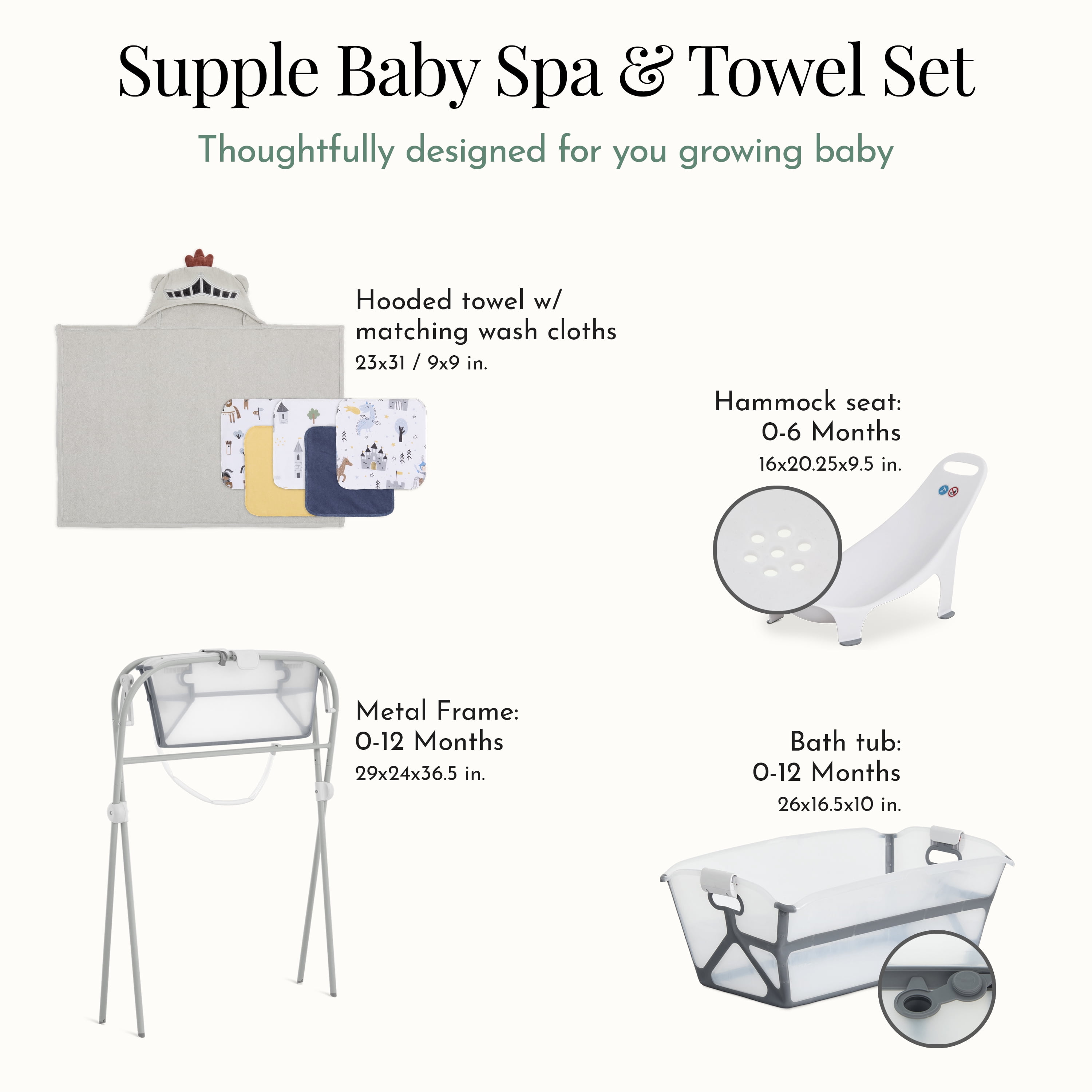 Evolur Supple Spa Kit With Towel, Includes Supple Baby Spa Set, 5-Piece Washcloth Set And Complementary Garden Hooded Towel in Grey