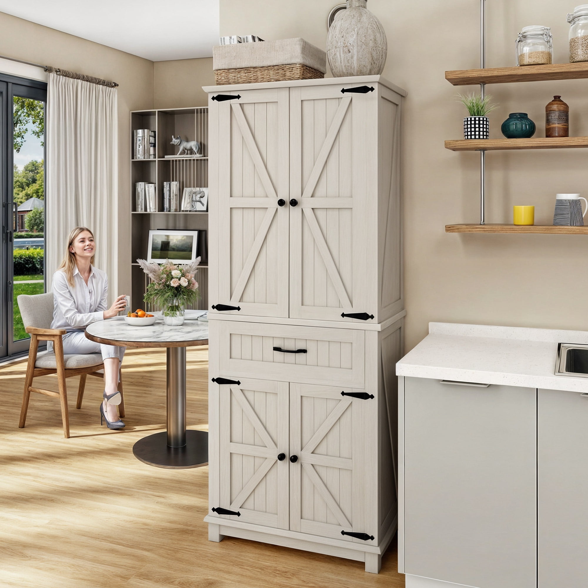 Dextrus 72.6" Kitchen Pantry Storage Cabinet with Doors and Adjustable Shelves, Storage Cabinet with Drawer for Kitchen, Dining Room, Living Room, Oak White