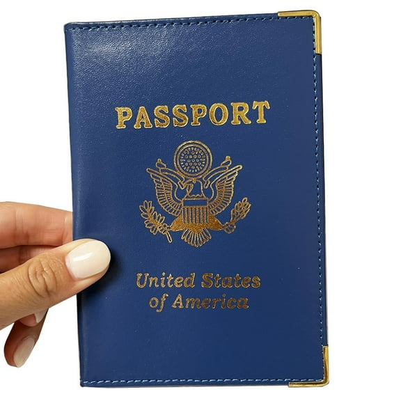 AllTopBargains Blue USA Leather Passport Case Wallet Cover Card Case ID Holder US Emblem Gold