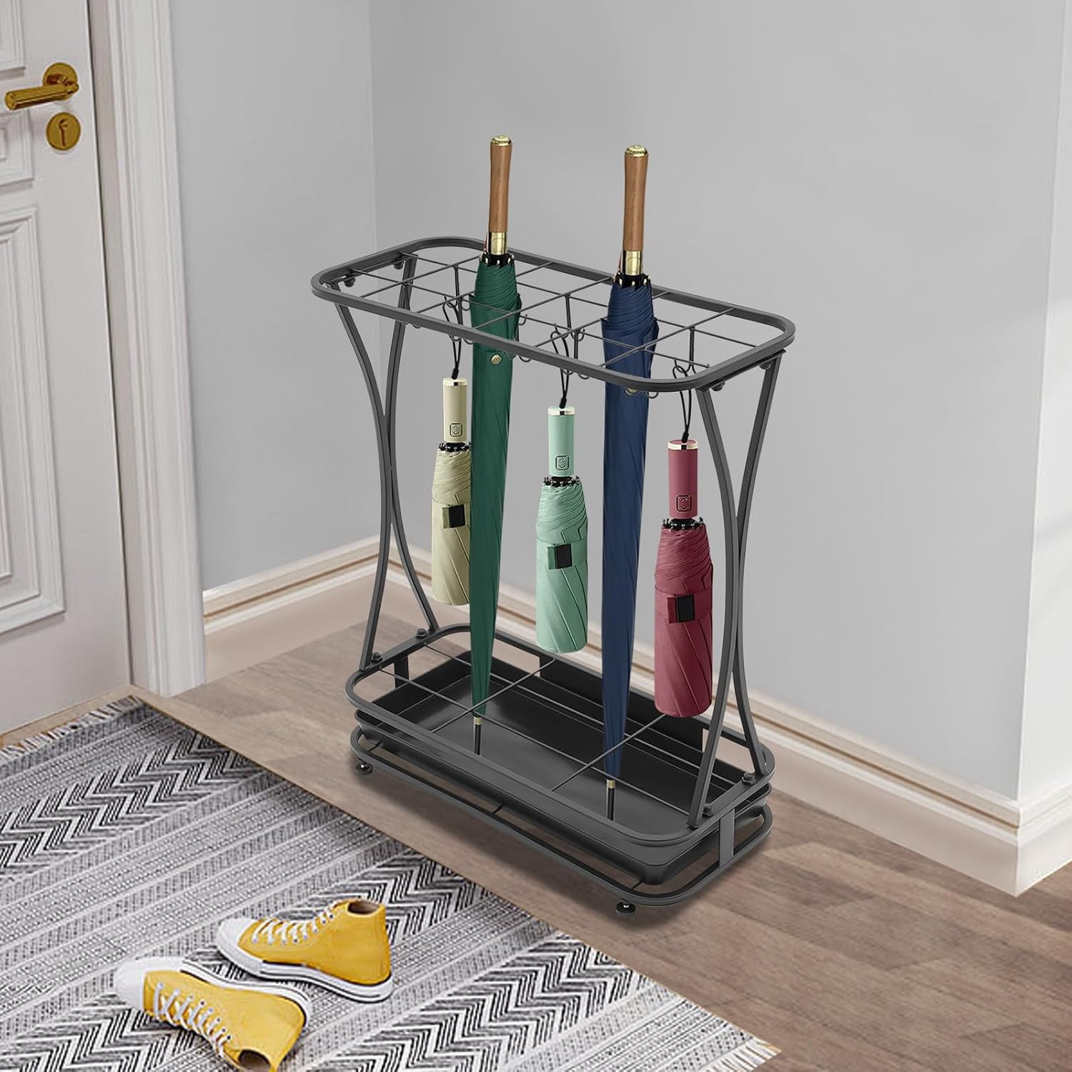Umbrella Holder Stand, Freestanding Umbrella Organizer with 18 Slots & 20 Hooks for Home, Office & Hotel