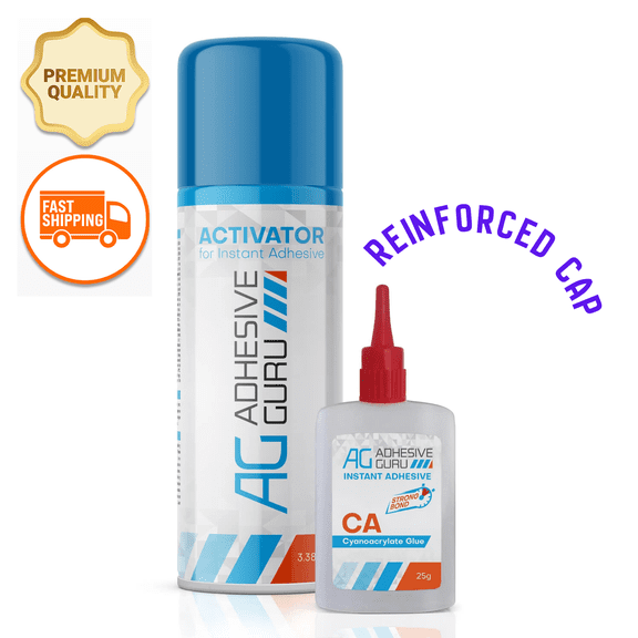 Adhesive Guru CA Glue with Activator Spray, High-Performance Woodworking Super Glue Kit, Fast Curing Instant Bond Cyanoacrylate Adhesive for Wood, Plastic and DIY Crafts (0.9 oz - 3.38 fl oz)