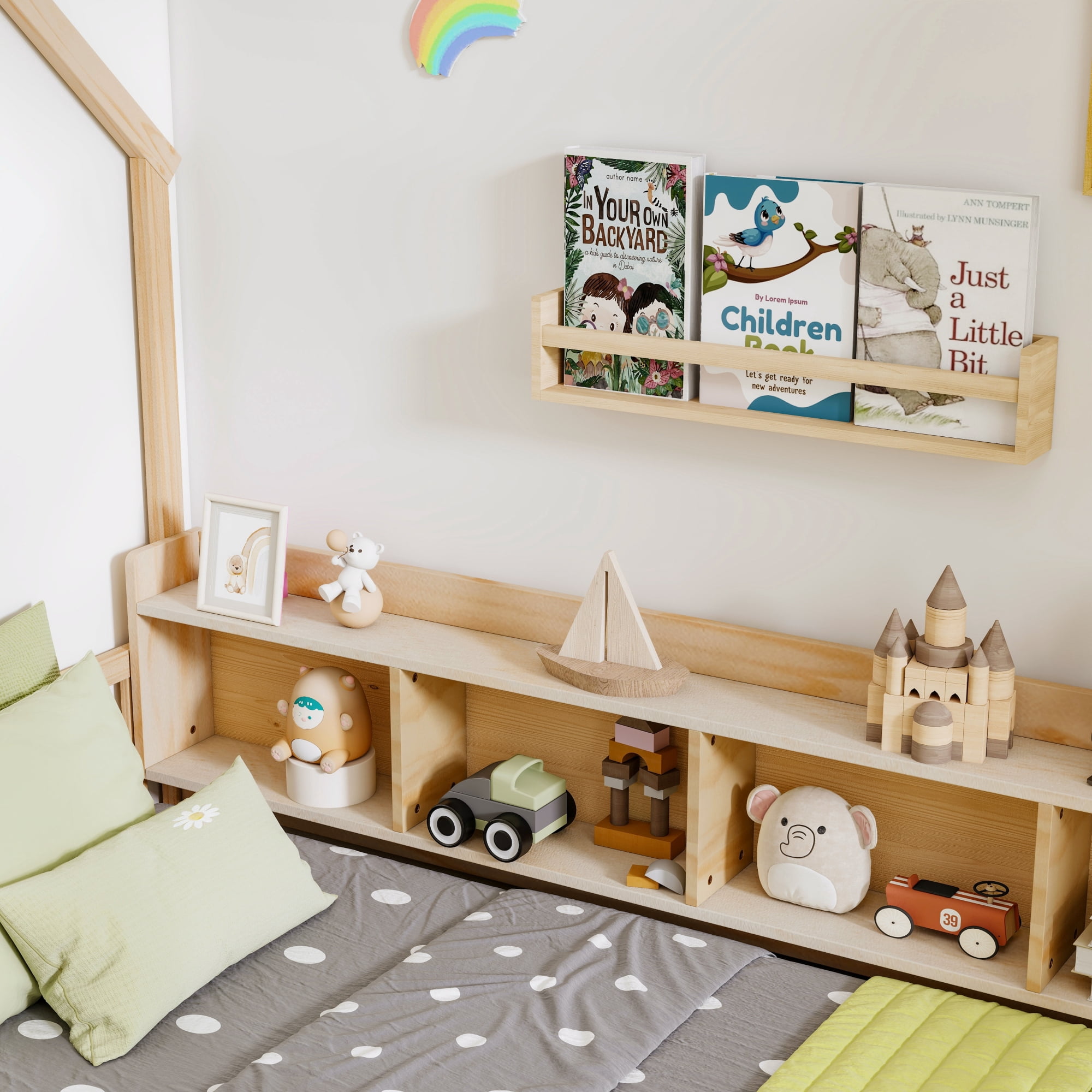 Leumius Twin Size House Floor Bed with Storage Shelves,Built-in LED Lights & Charging Station,Pine Wood Floor Bed Frame with Safety Guardrails for Kids Bedroom Natural